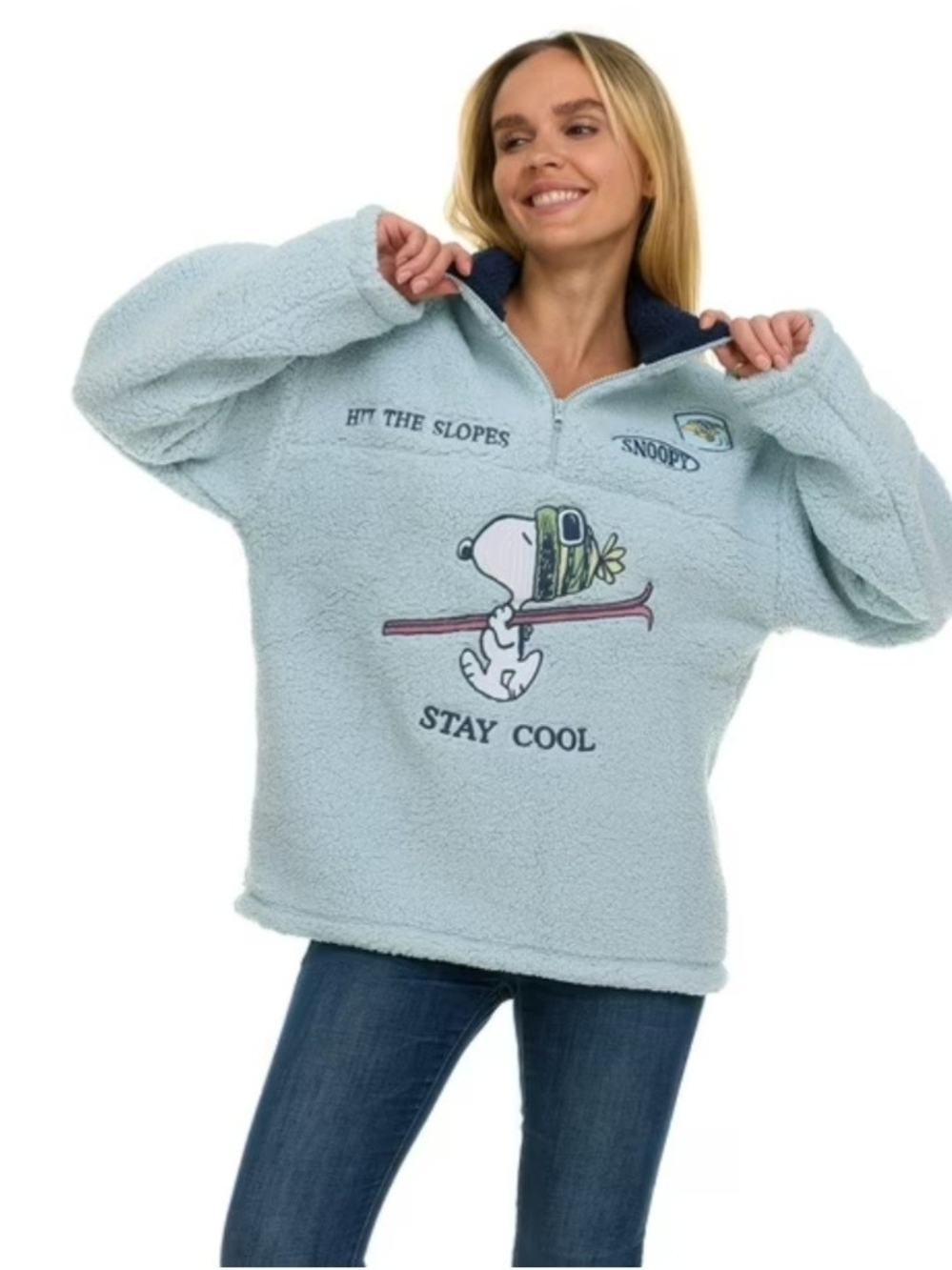 Peanuts Women "Stay Cool" Light Blue Sherpa Pullover  L - Picture 3 of 8